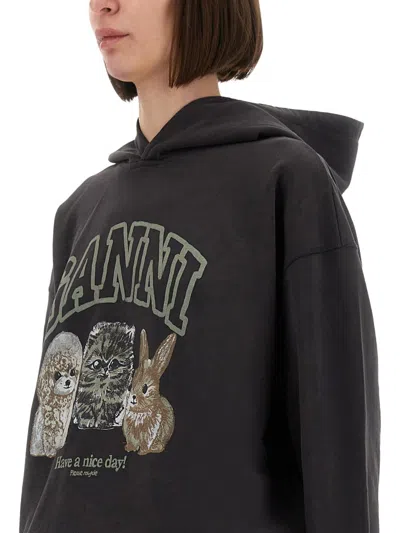 Ganni Oversize Cotton Sweatshirt With Hood And Graphic Print In Gray