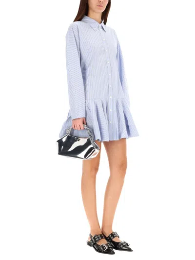 Ganni Striped Long Sleeve Dress With Flared Hem In Black