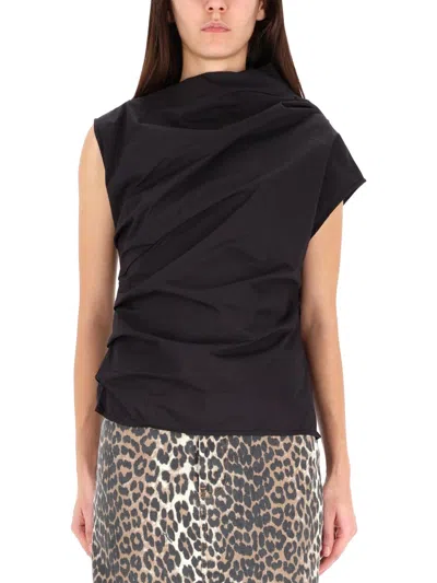 Ganni Asymmetric Draped Sleeveless Top With Open Back In Black
