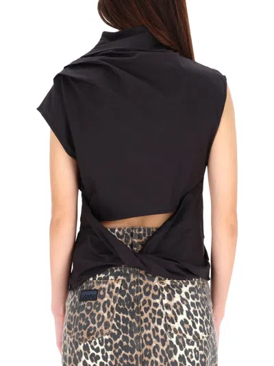 Ganni Asymmetric Draped Sleeveless Top With Open Back In Black