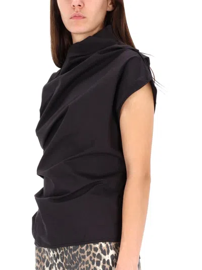 Ganni Asymmetric Draped Sleeveless Top With Open Back In Black