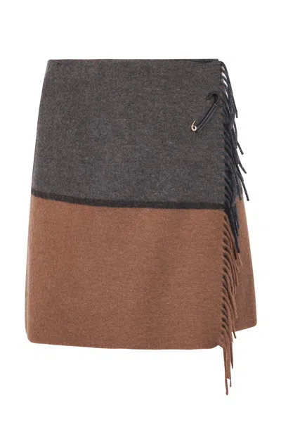 Semicouture Bicolor Wool Mini Skirt With Fringed Edge In Multi
