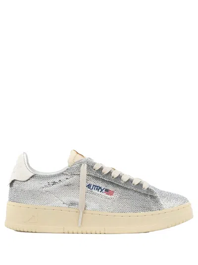 Autry Dallas Low Sparkling Sneakers In Silver And White Sequins Shoes In Animal Print