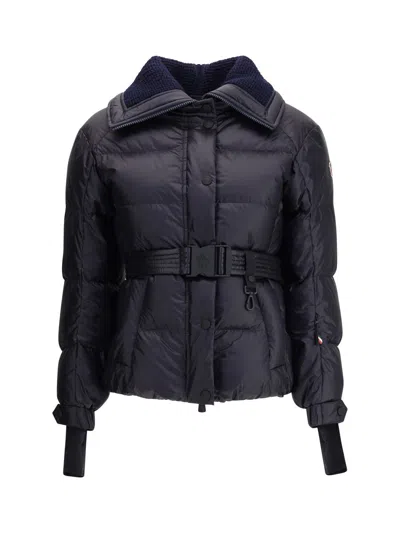Moncler Puffer Jacket With Belted Waist And High Collar In Blue