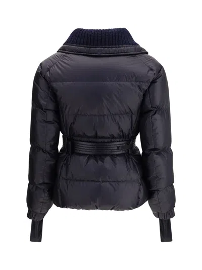 Moncler Puffer Jacket With Belted Waist And High Collar In Blue