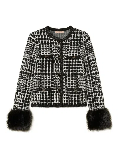 Twinset Houndstooth Pattern Jacket With Faux Fur Accents In Multi