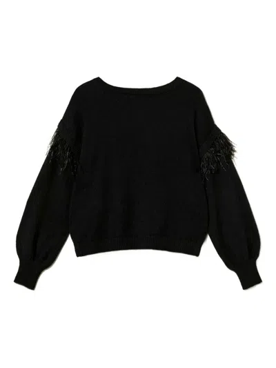 Twinset Feather-trim Sweater In Black