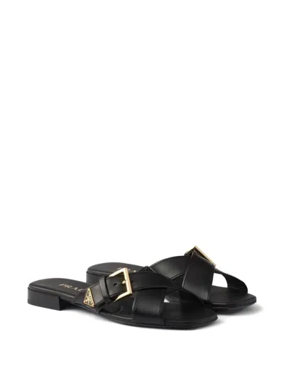 Prada Leather Crisscross Slides With Buckle Shoes In Black