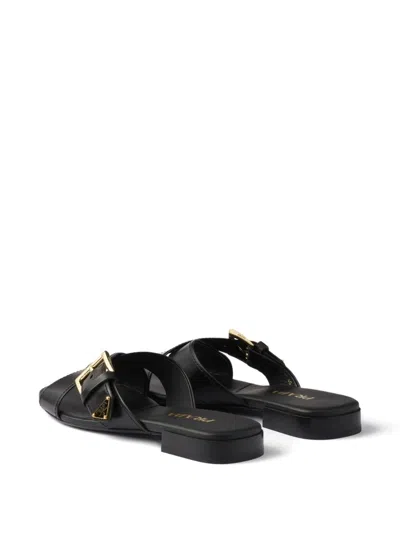 Prada Leather Crisscross Slides With Buckle Shoes In Black