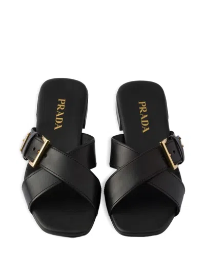 Prada Leather Crisscross Slides With Buckle Shoes In Black