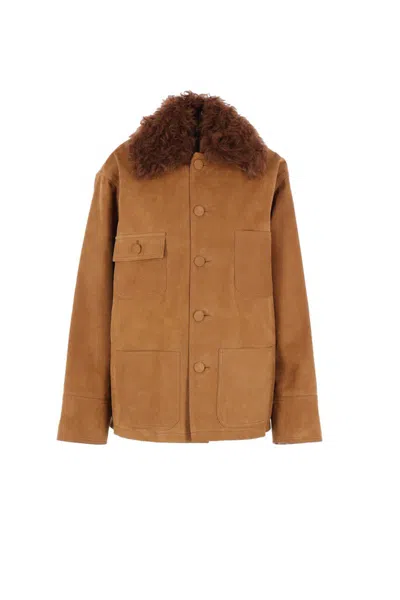 Plan C Shearling-collar Pocket Jacket In Brown