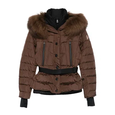 Moncler Belted Puffer Jacket In Brown