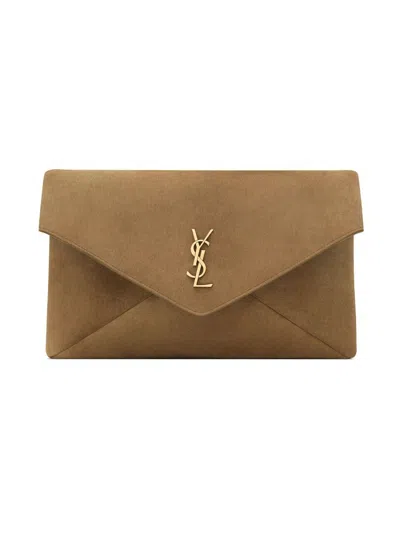 Saint Laurent Large Cassandre Envelope Clutch In Suede In Gold