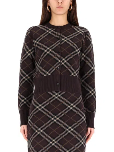 Burberry Long Sleeve Cardigan With Check Motif And Crewneck In Brown