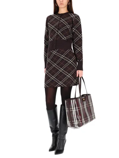 Burberry Long Sleeve Cardigan With Check Motif And Crewneck In Brown
