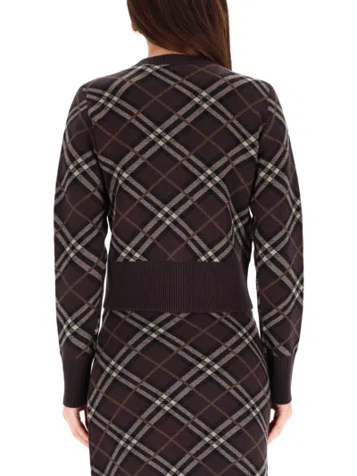 Burberry Long Sleeve Cardigan With Check Motif And Crewneck In Brown