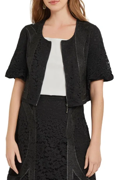 Misook Modern Fit Cropped Textural Woven Blouse In Black
