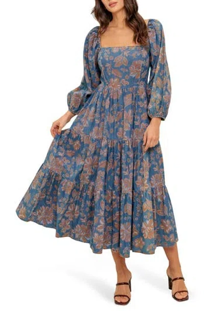 Flying Tomato Floral Balloon Sleeve Chambray Midi Dress In Blue