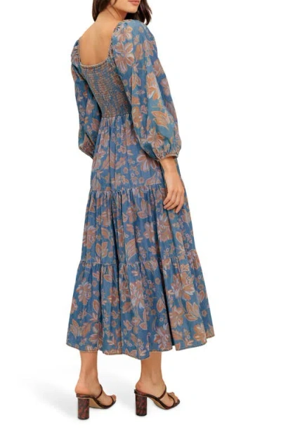 Flying Tomato Floral Balloon Sleeve Chambray Midi Dress In Blue