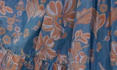 Flying Tomato Floral Balloon Sleeve Chambray Midi Dress In Blue