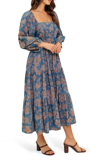 Flying Tomato Floral Balloon Sleeve Chambray Midi Dress In Blue