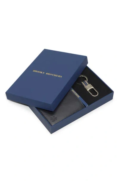 Brooks Brothers Leather Wallet & Key Chain Gift Set In Black