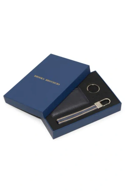 Brooks Brothers Leather Card Case & Key Chain Gift Set In Black