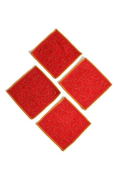 Tiramisu Embroidered Snowflake Set Of 4 Linen Cocktail Napkins In Red