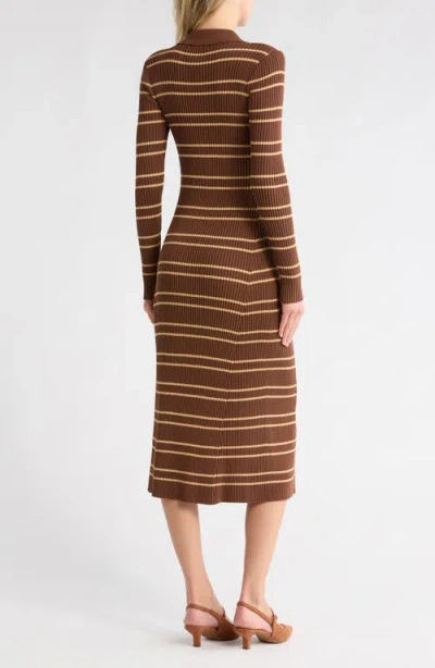 Moon River Stripe Quarter Zip Midi Dress In Brown