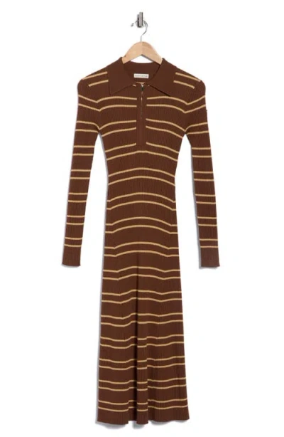 Moon River Stripe Quarter Zip Midi Dress In Brown