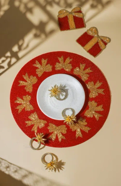 Tiramisu Holiday Bow Set Of 3 Beaded Placemats In Red