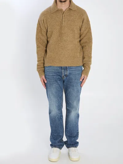 Ami Alexandre Mattiussi Ami Paris Grey Wool And Alpaca Polo Sweater Ami Paris In Gold