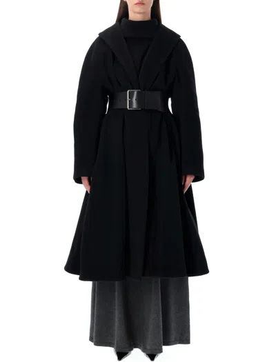 Balenciaga L-blend Cloth Coat With Belt In Black