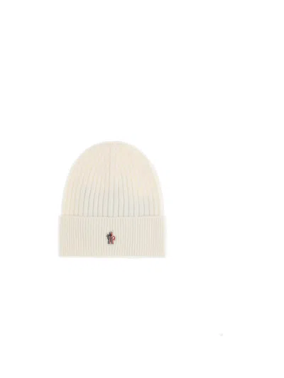 Moncler Grenoble Logo Beanie In White Soft Virgin Wool In White