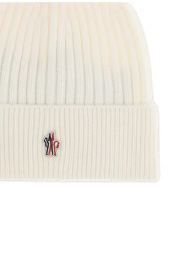 Moncler Grenoble Logo Beanie In White Soft Virgin Wool In White