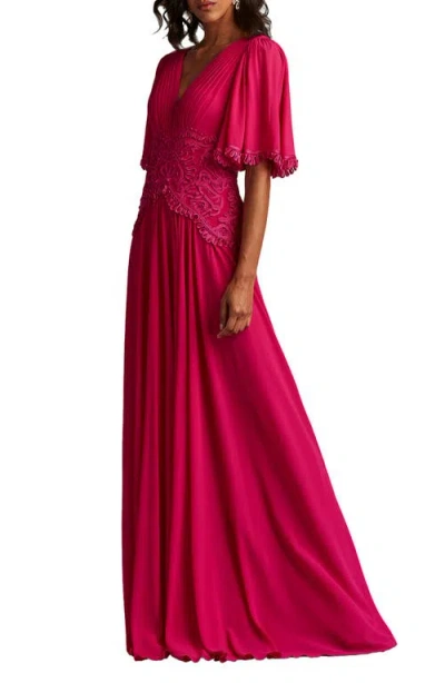 Tadashi Shoji Scroll Lace Detail Flutter Sleeve Chiffon Gown In Red
