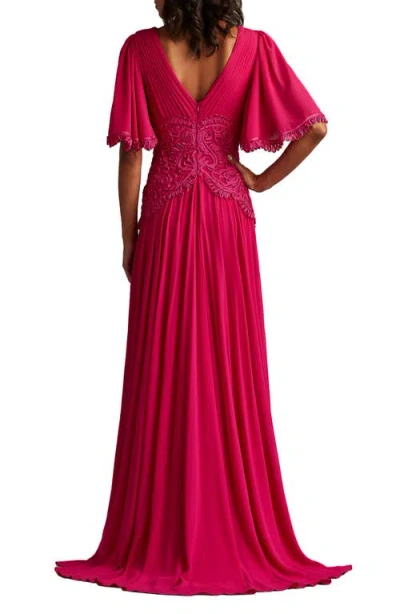 Tadashi Shoji Scroll Lace Detail Flutter Sleeve Chiffon Gown In Red
