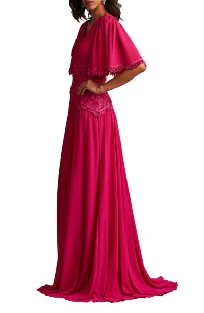 Tadashi Shoji Scroll Lace Detail Flutter Sleeve Chiffon Gown In Red