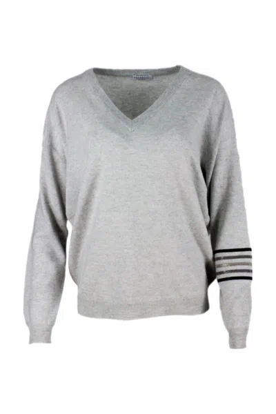 Brunello Cucinelli Cashmere V-neck Sweater With Rows Of Jewels On The Arm In Gray