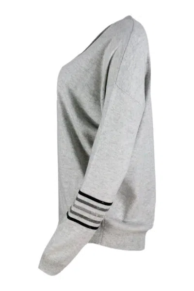 Brunello Cucinelli Cashmere V-neck Sweater With Rows Of Jewels On The Arm In Gray