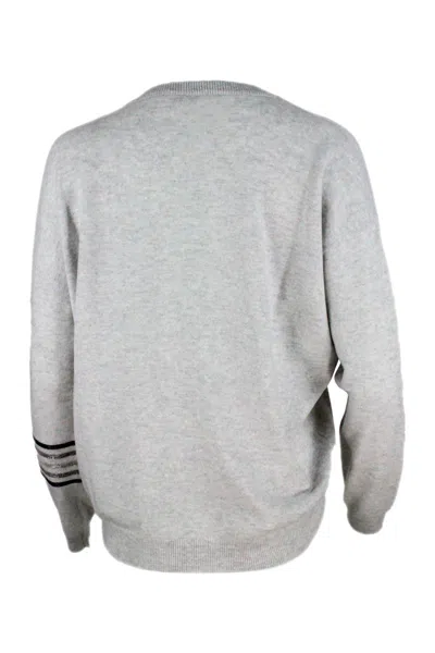 Brunello Cucinelli Cashmere V-neck Sweater With Rows Of Jewels On The Arm In Gray