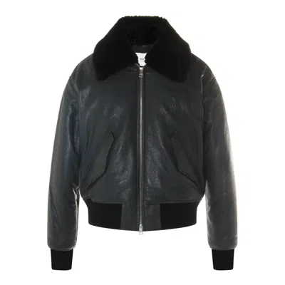 Ami Alexandre Mattiussi Leather Bomber Jacket Shearling Collar In Gray