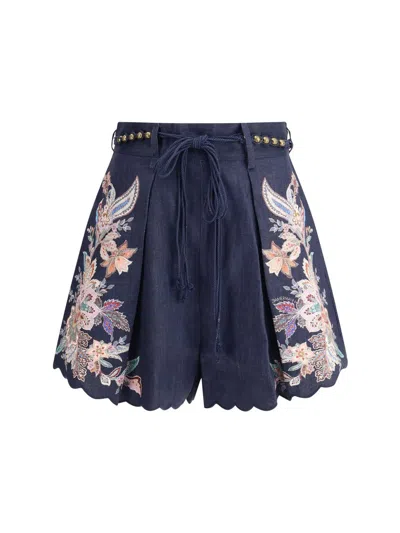 Zimmermann Pleated Floral-print Shorts With Scalloped Hem And Rope Waist Belt In Blue