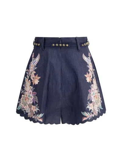 Zimmermann Pleated Floral-print Shorts With Scalloped Hem And Rope Waist Belt In Blue