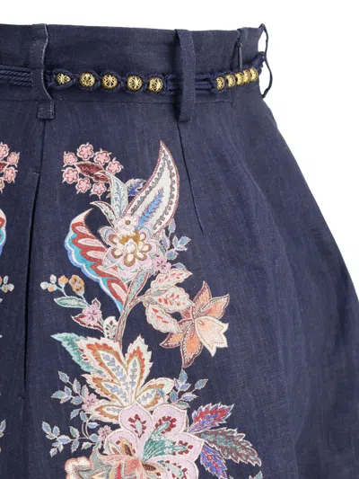 Zimmermann Pleated Floral-print Shorts With Scalloped Hem And Rope Waist Belt In Blue