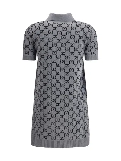 Gucci Gg Wool Dress With Ribbed Profiles In Gray