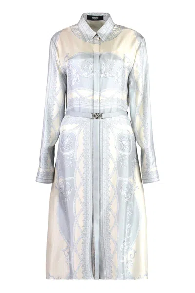 Versace Printed Silk Shirtdress In Blue