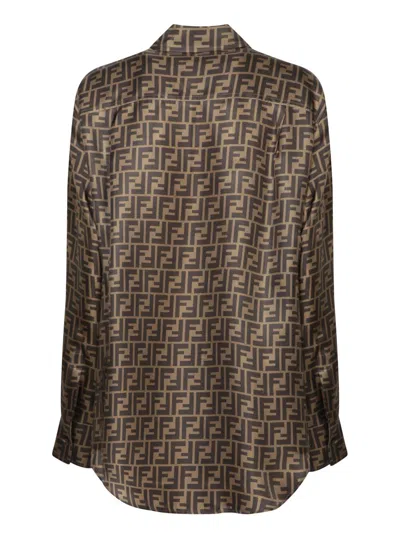 Fendi Ff Silk Jacquard Oversized Shirt In Brown