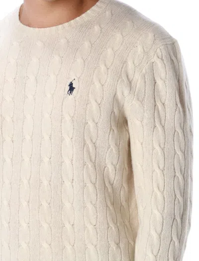 Polo Ralph Lauren Classic Cable-knit Sweater With Ribbed Hem And Embroidered Logo In Neutral