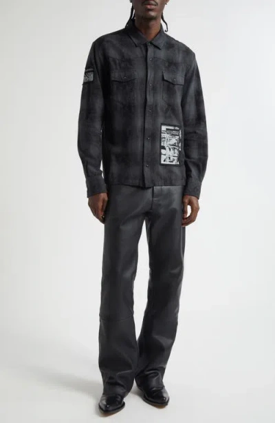 Midnight Rodeo Patchwork Distressed Over Dyed Cotton Flannel Shirt In Gray